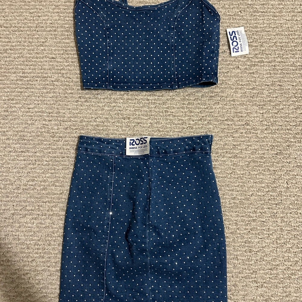 New Blue Denim Mini Skirt and Crop Top Set Size Small